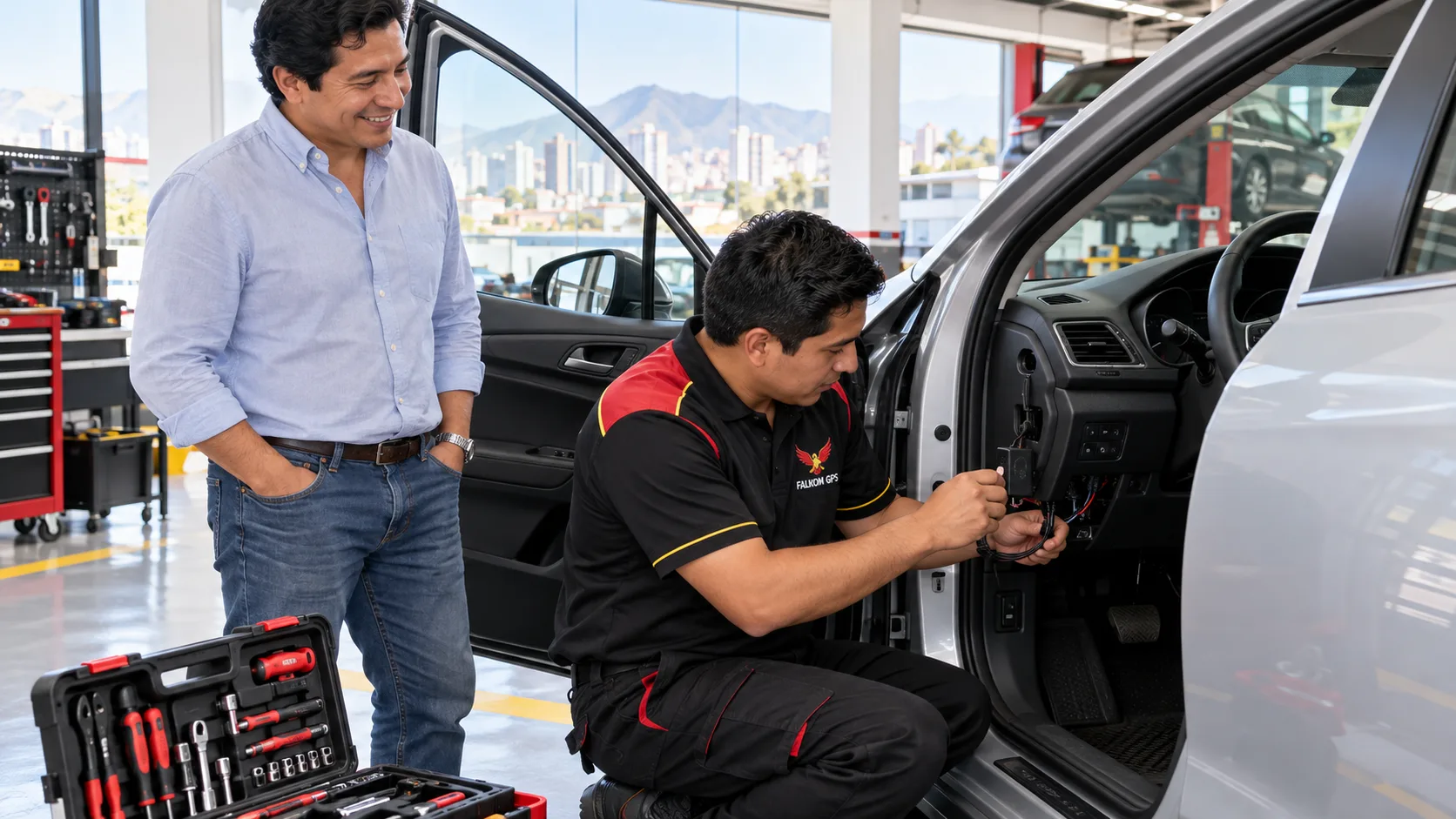 Técnico con uniforme FALKOM GPS instalando un equipo en un vehículo
